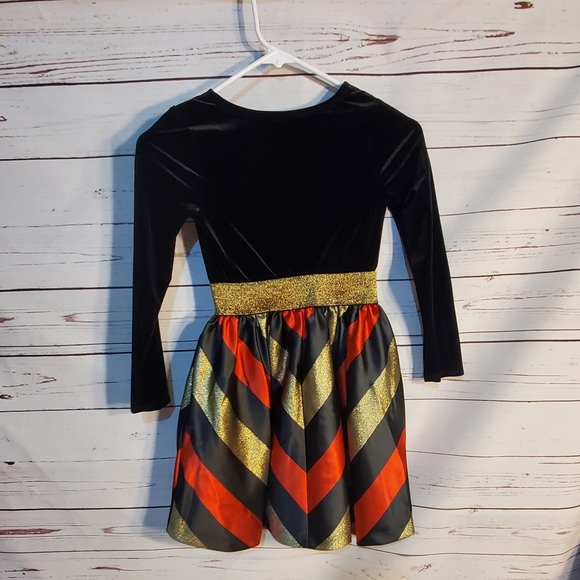 Girls Black Velvet Dress Gold Waist Red Chevron Dress Girls SIZE 8 - Picture 1 of 5